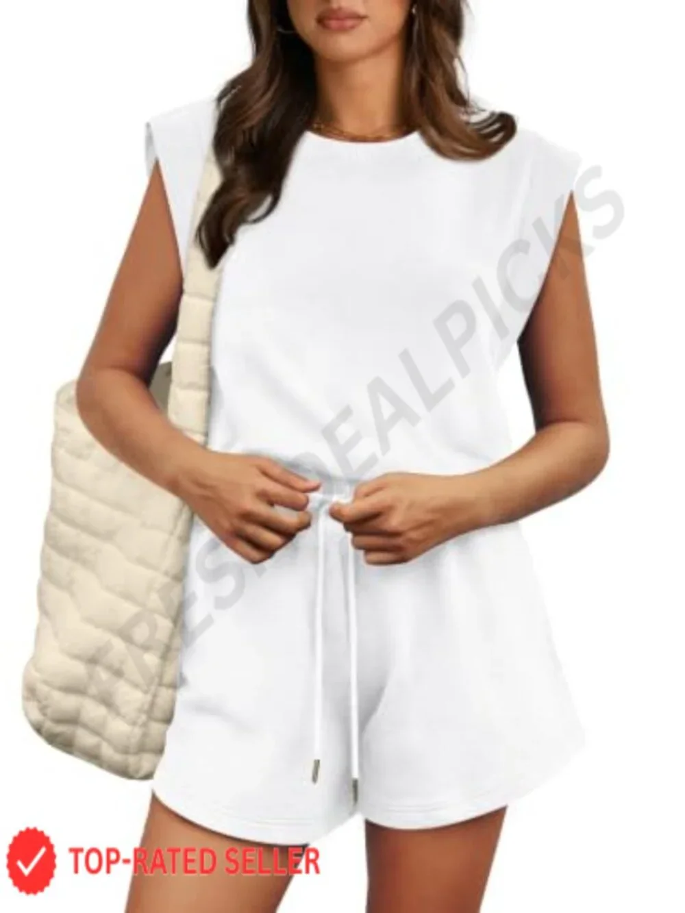 Women's Cap Sleeve Romper with Pockets Adjustable Drawstring Waistband Summer